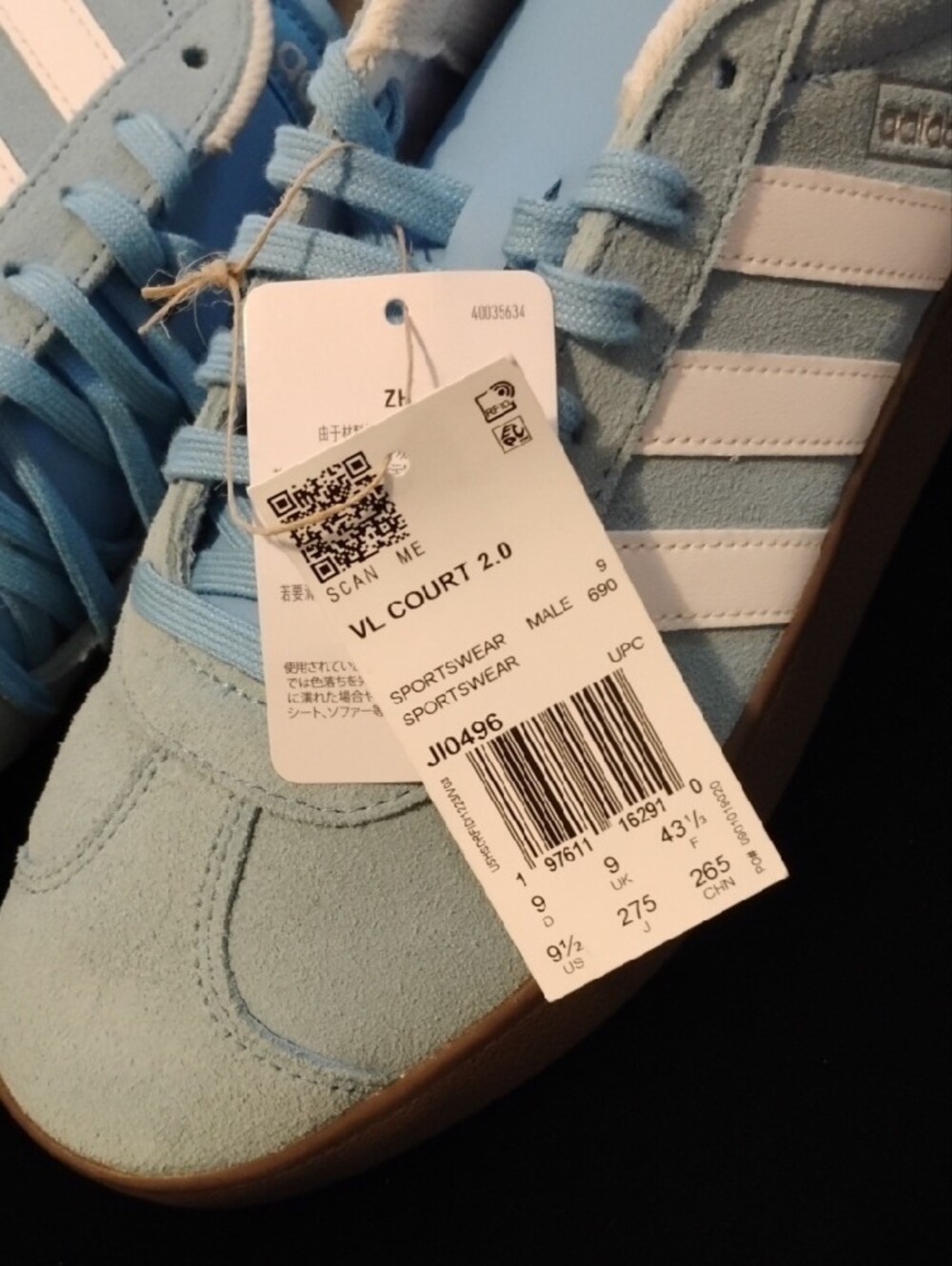 Adidas VL Court 2.0 Sky Blue Suede Sneakers Women's 10.5 Men's 9.5